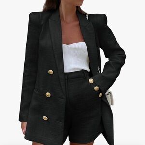 Chic Black Blazer and Shorts set with Gold Accents